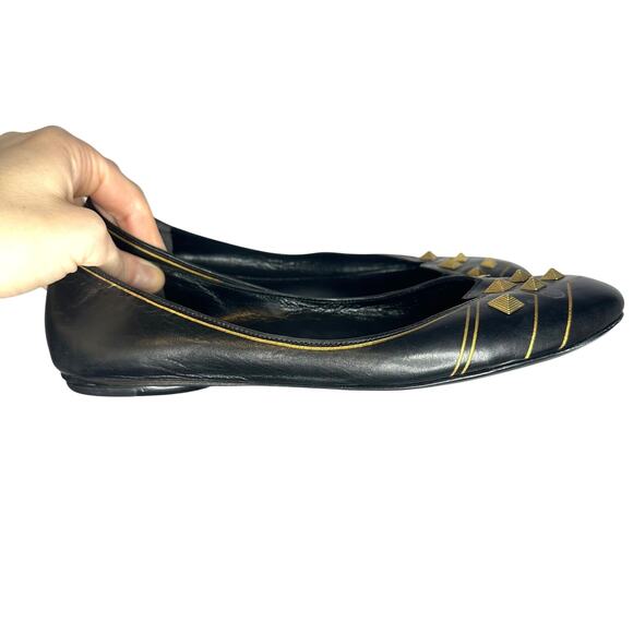 Sigerson Morrison Sz 8.5 Black Leather Gold Detail Round Toe Designer Flats - Picture 3 of 4